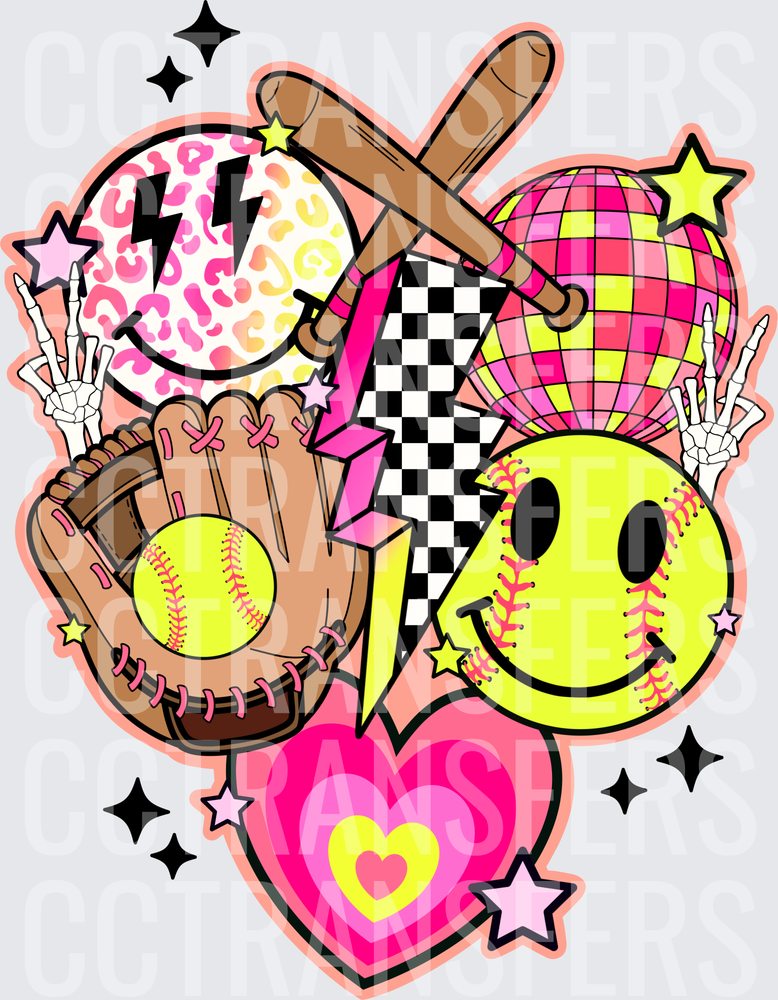 Retro Softball Glove Bat Disco Ball Smiley Heart Collage (DTF)
