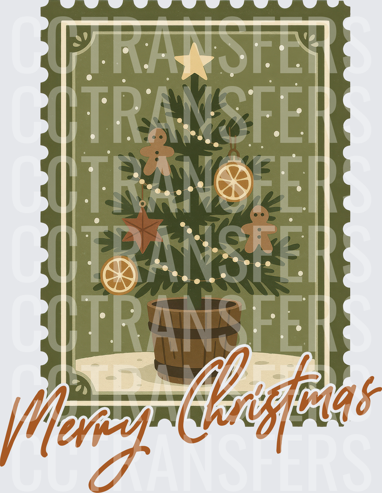 Merry Christmas Vintage Stamp Tree Gingerbread Ornaments (DTF)