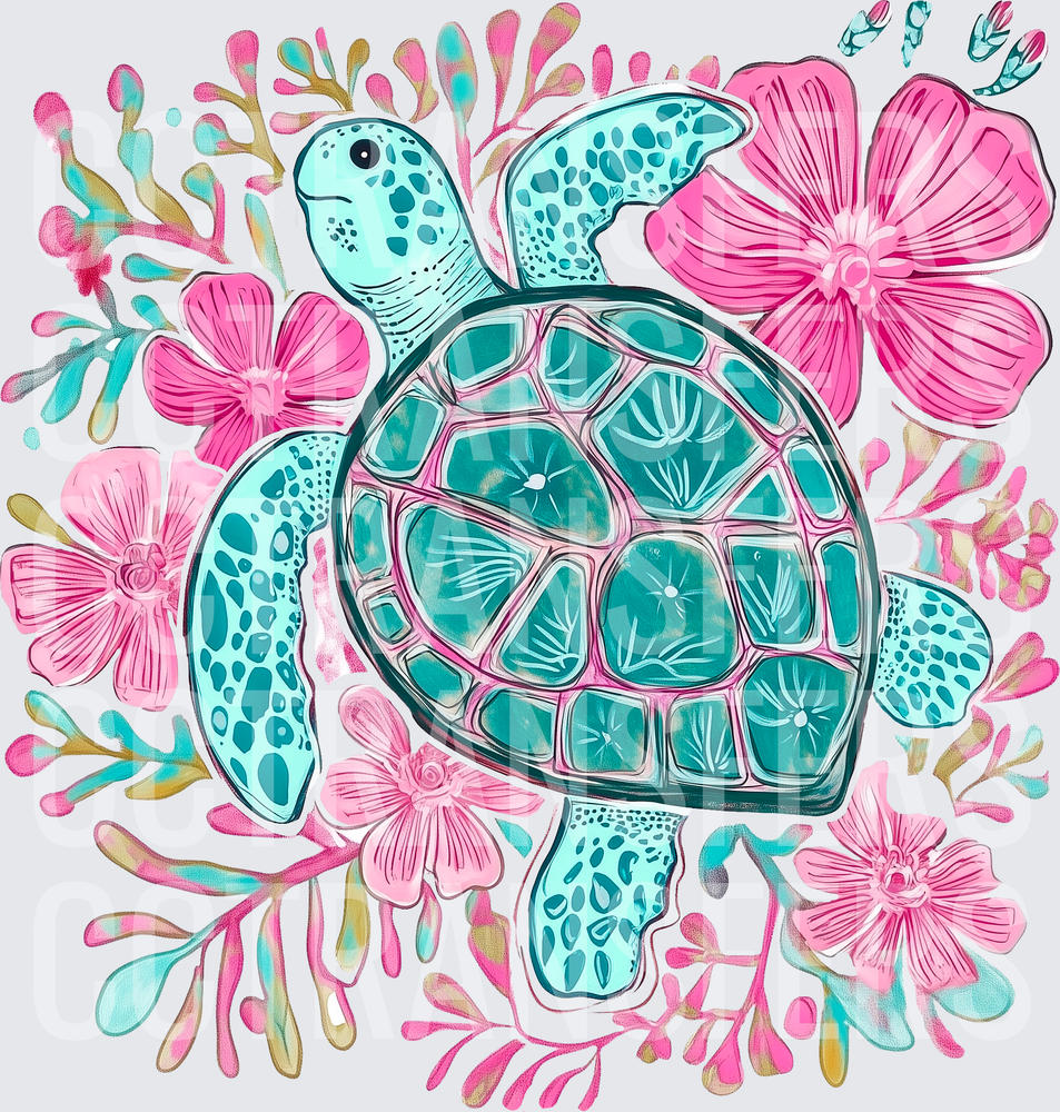Teal Sea Turtle Pink Floral Tropical Boho (DTF)