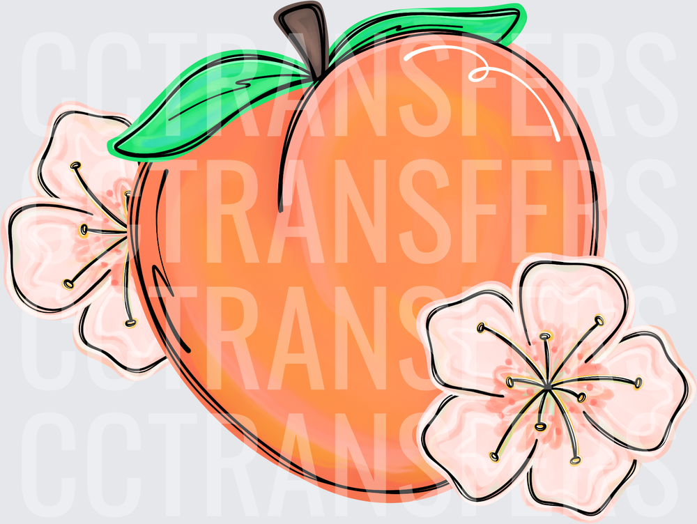 Ripe Peach with Blossoms Floral Fruit Illustration (DTF)