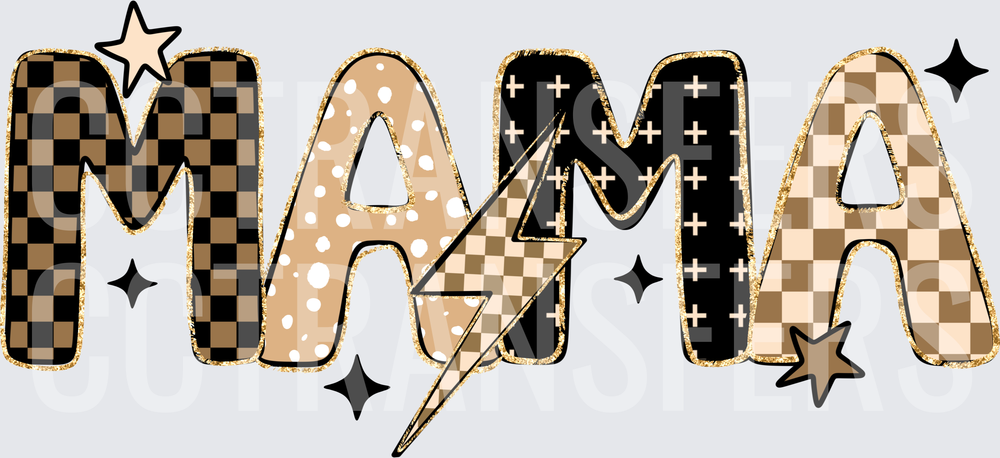 Boho Mama Lightning Bolt Mixed Pattern Gold Glitter (DTF)