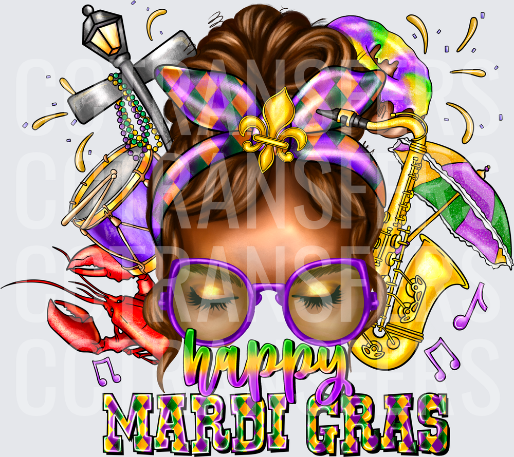 Happy Mardi Gras Messy Bun Woman Purple Glasses (DTF)