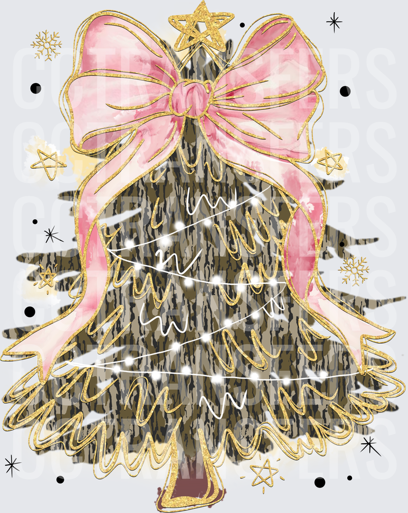 Camo Christmas Tree Pink Bow Gold Glitter Star Lights (DTF)