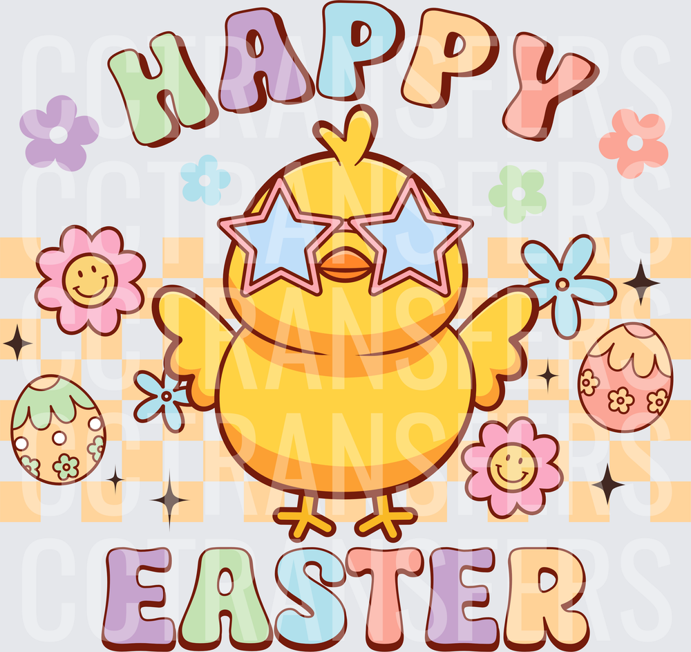 Happy Easter Groovy Chick Star Sunglasses Retro Floral (DTF)