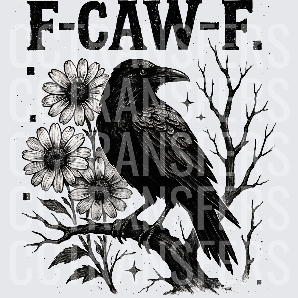F-Caw-F Black Raven Perched On Branch With Daisies (DTF)