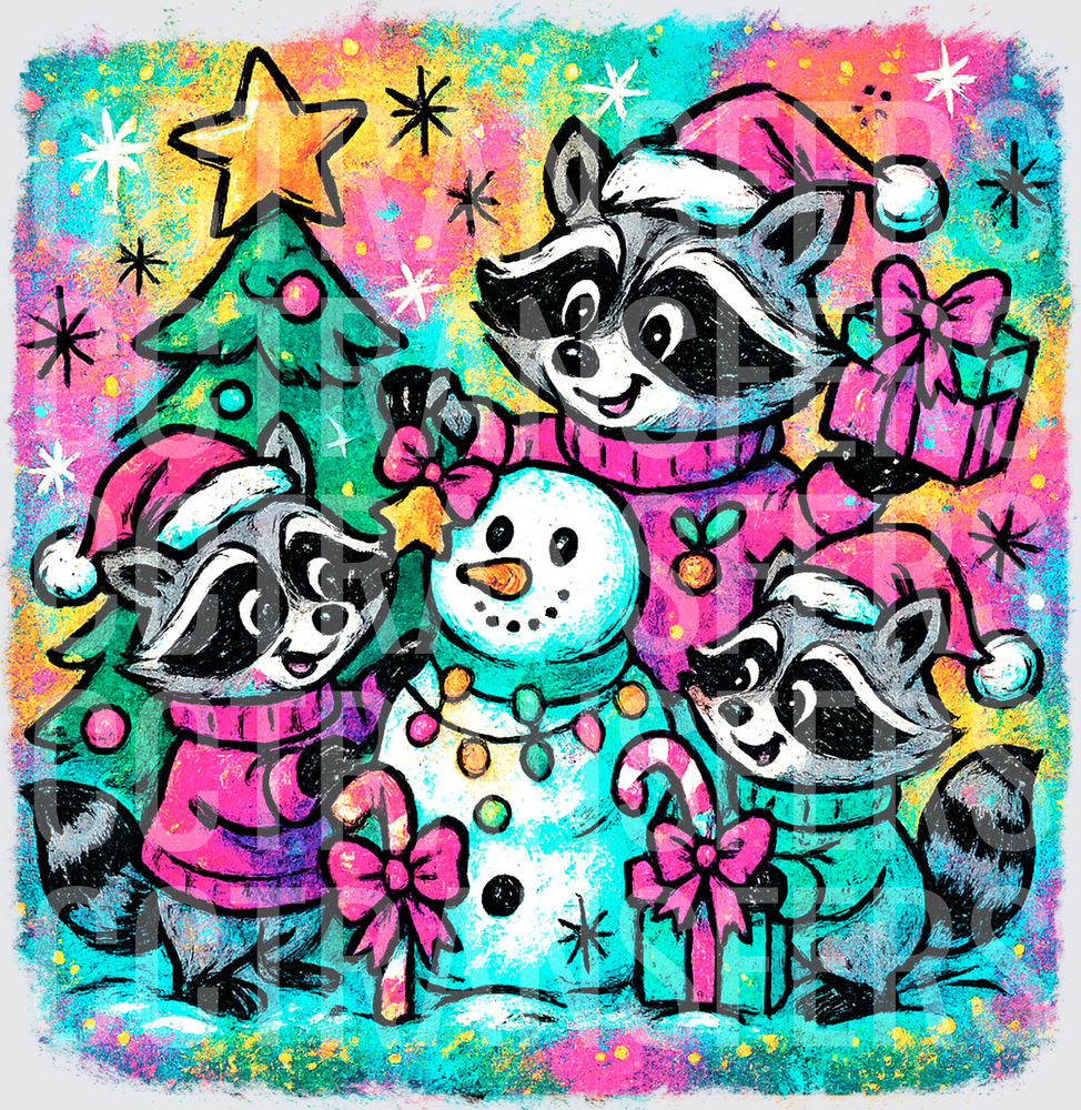Colorful Christmas Raccoon Family with Snowman DTF