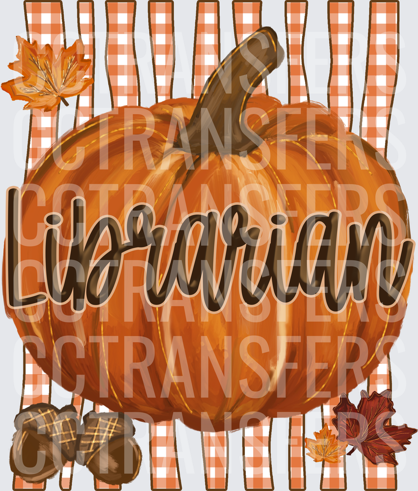 Fall Librarian Pumpkin with Autumn Leaves and Acorns (DTF)