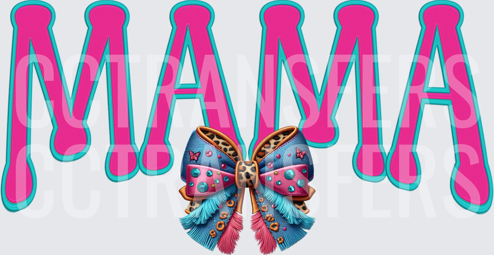 Mama Bold Hot Pink Teal Letters Leopard Coquette Bow (DTF)