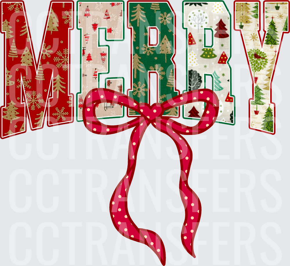 Merry Patchwork Christmas Trees Polka Dot Bow (DTF)