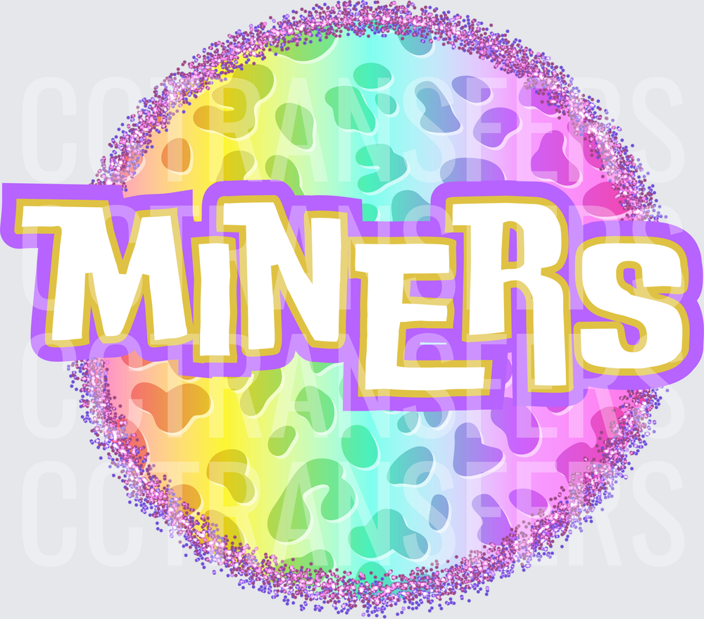 Rainbow Leopard Glitter Circle Miners Bold Text (DTF)