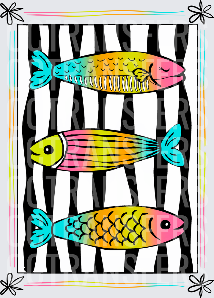 Three Neon Rainbow Fish Black Stripe Border (DTF)