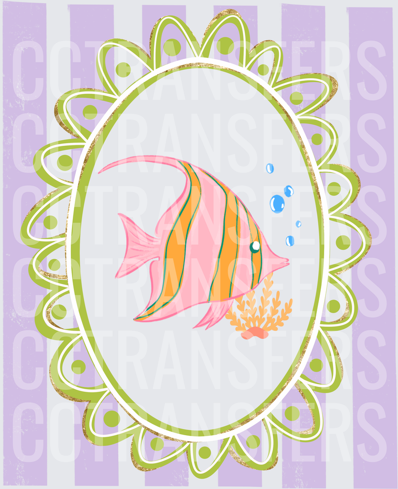 Fancy Pink Tropical Fish Oval Floral Frame Lavender Stripe (DTF)
