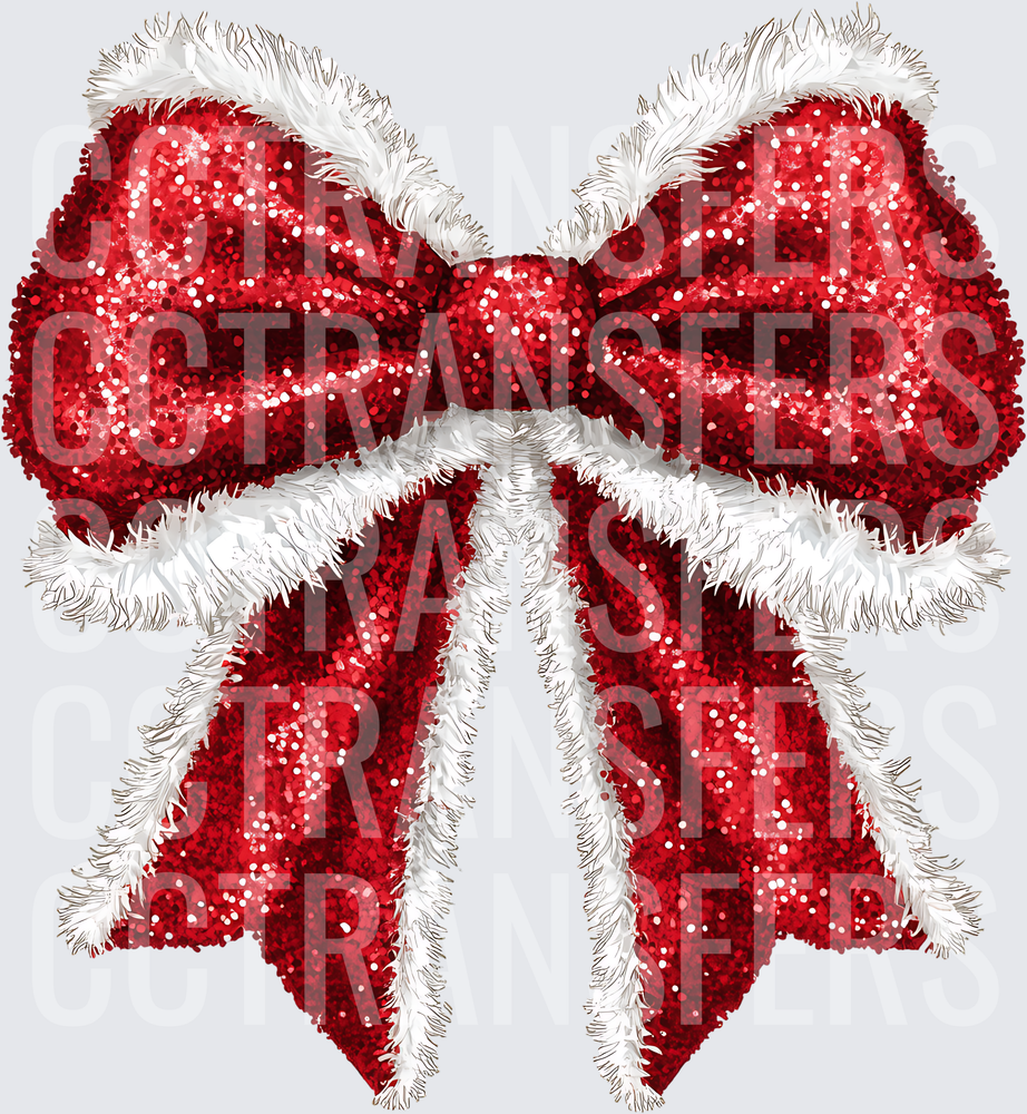 Red Glitter Bow with White Fluffy Trim (DTF)