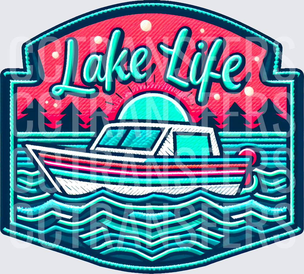 Lake Life Motorboat Sunset Pine Trees Badge (DTF)