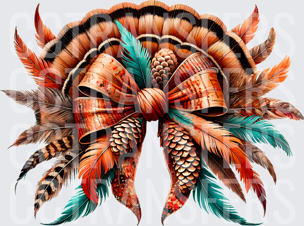 Thanksgiving Turkey Feather Fan Bow Pine Cone Arrangement (DTF)