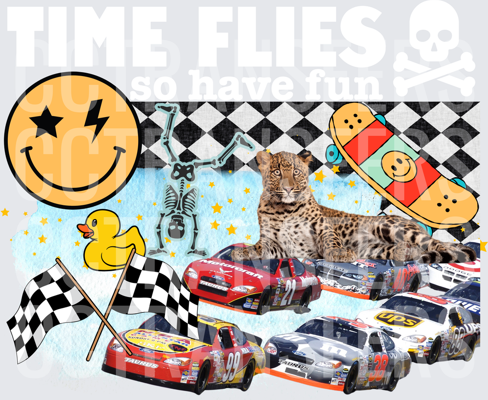 Retro Collage Smiley Race Cars Leopard Skate Checker (DTF)