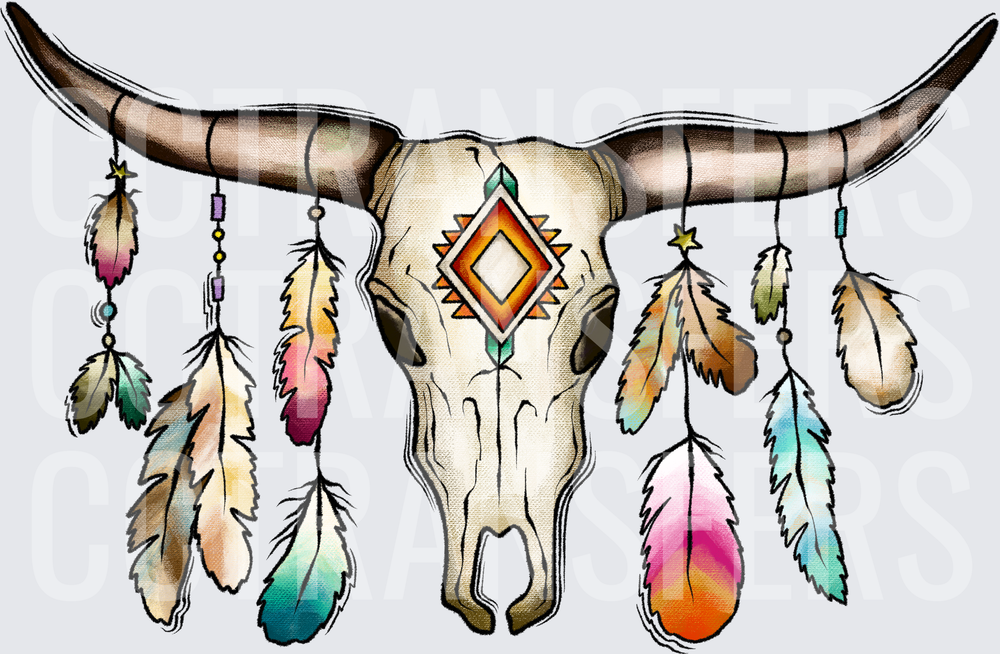 Boho Longhorn Skull with Colorful Feathers Aztec Diamond (DTF)