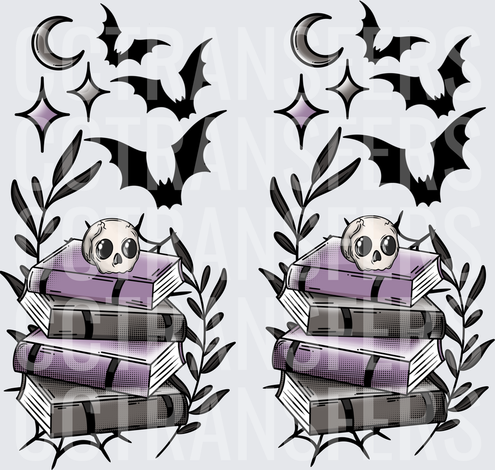 Gothic Skull Stack of Books Bats Crescent Moon Floral (DTF)