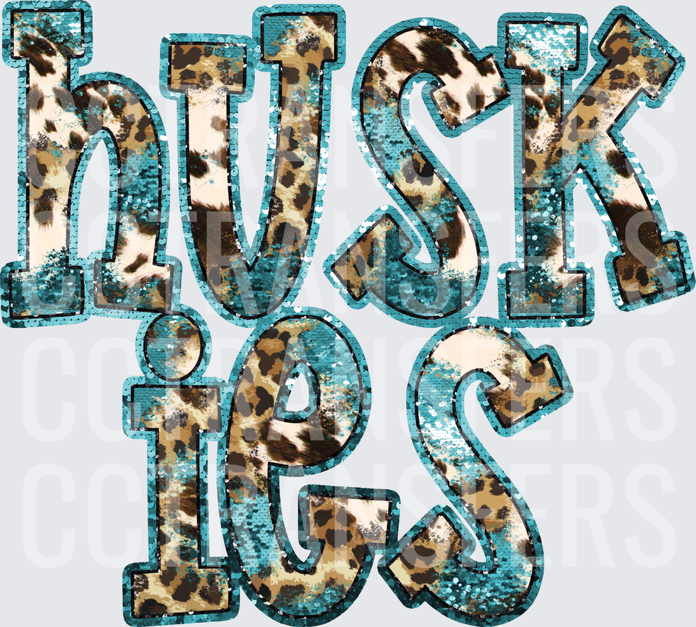 Huskies Teal Sequin Leopard Cowhide Letter Design (DTF)