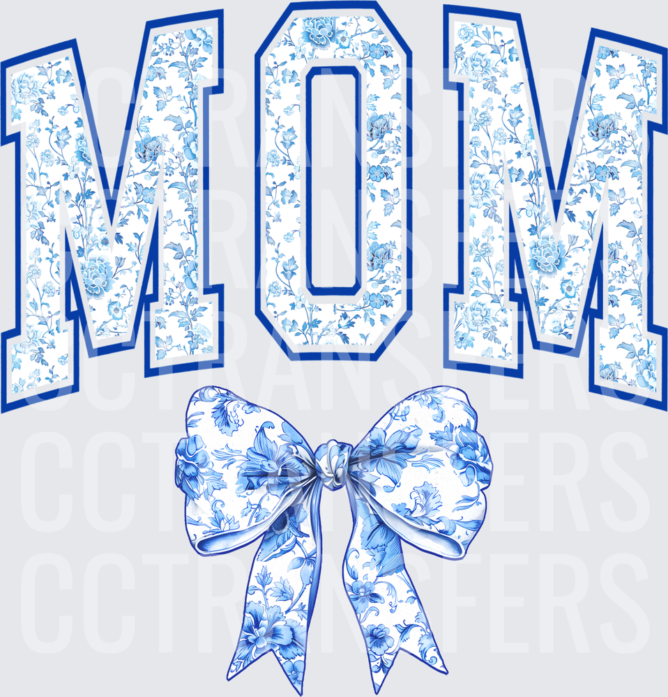Blue Floral Varsity MOM Letters with Bow (DTF)
