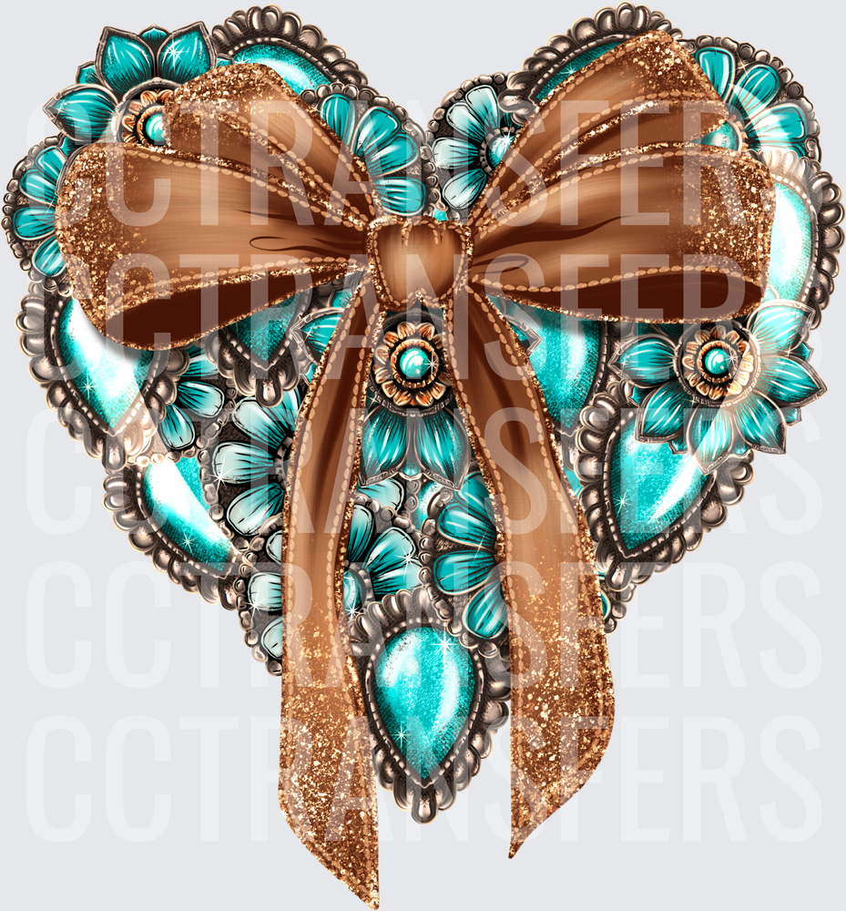 Turquoise Floral Jeweled Heart with Bronze Glitter Bow (DTF)