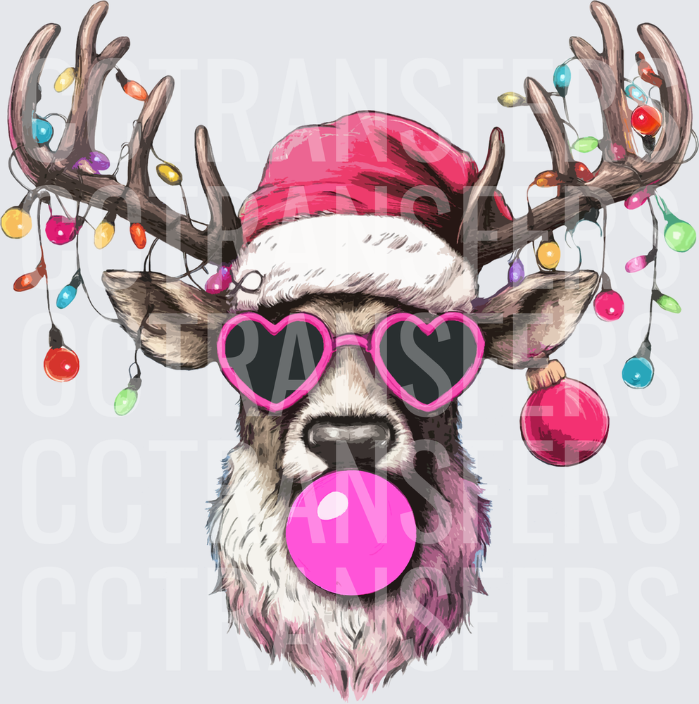 Sassy Reindeer Pink Santa Hat Heart Sunglasses Bubblegum (DTF)