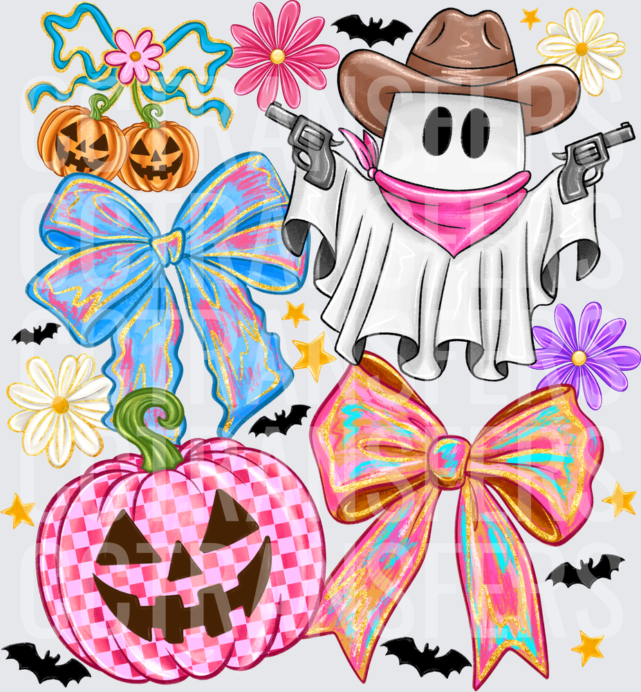 Cowboy Ghost Pumpkins Bows Bats Halloween Collage (DTF)