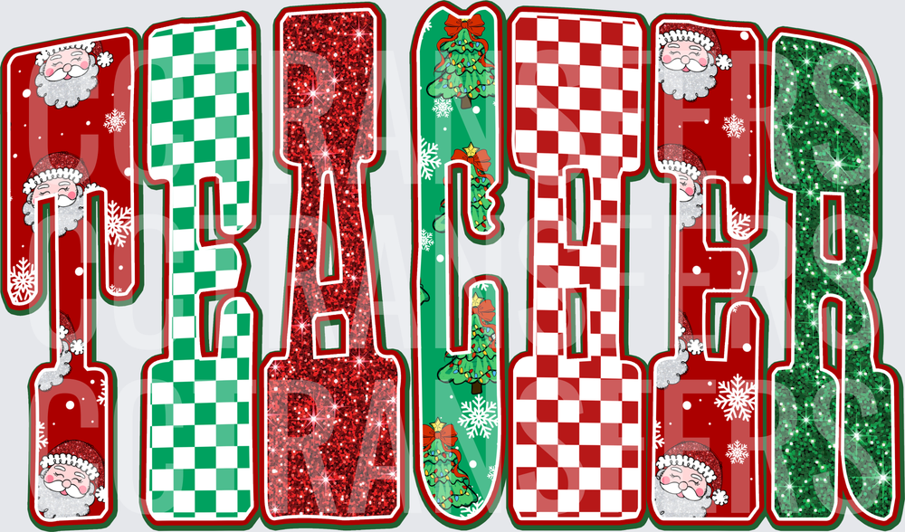 Christmas Teacher Bold Lettering Glitter Checkered Santa (DTF)