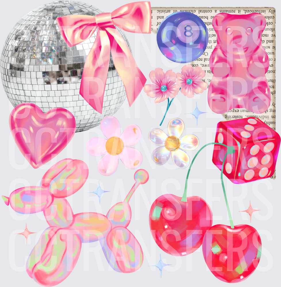 Pink Coquette Collage Disco Ball Bow Cherries Balloon Dog (DTF)