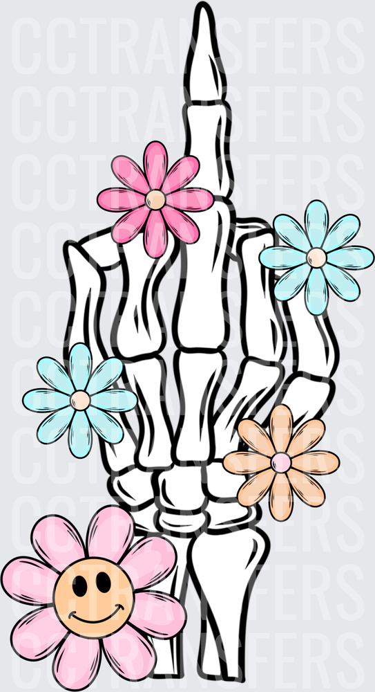 Skeleton Hand Middle Finger Floral Smiley Face Flowers (DTF)