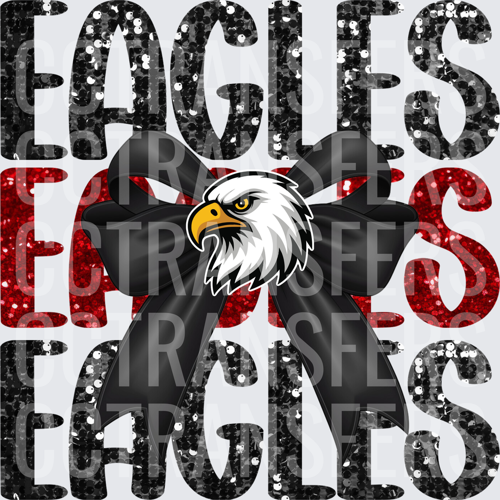 Eagles Black Red Glitter Stacked Bold Black Bow Mascot (DTF)