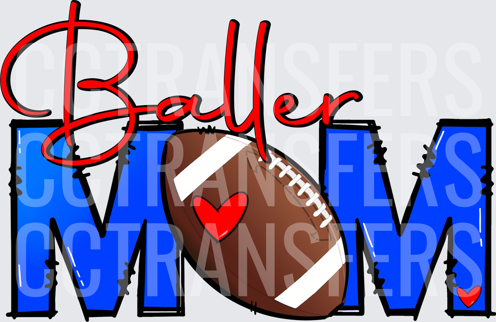 Baller Mom Football Heart Blue Bold Lettering (DTF)
