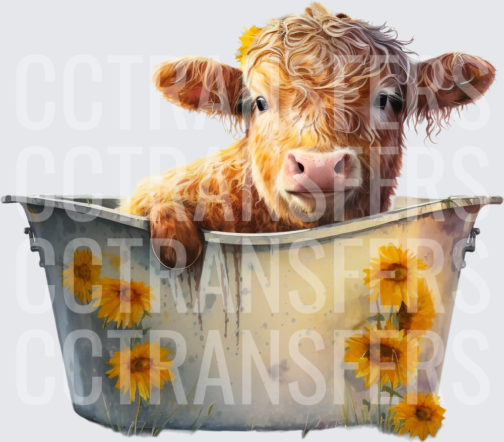 Fluffy Baby Calf in Galvanized Tub with Sunflowers (DTF)