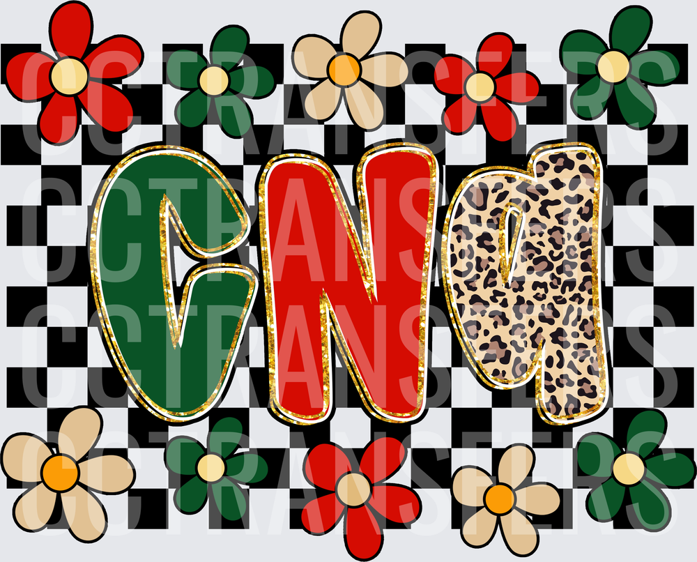 CNA Retro Floral Checkered Leopard Gold Letter Design (DTF)