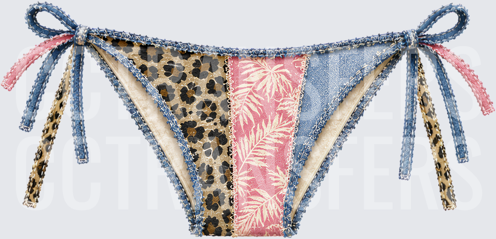 Patchwork Bikini Bottom Leopard Tropical Denim Print (DTF)