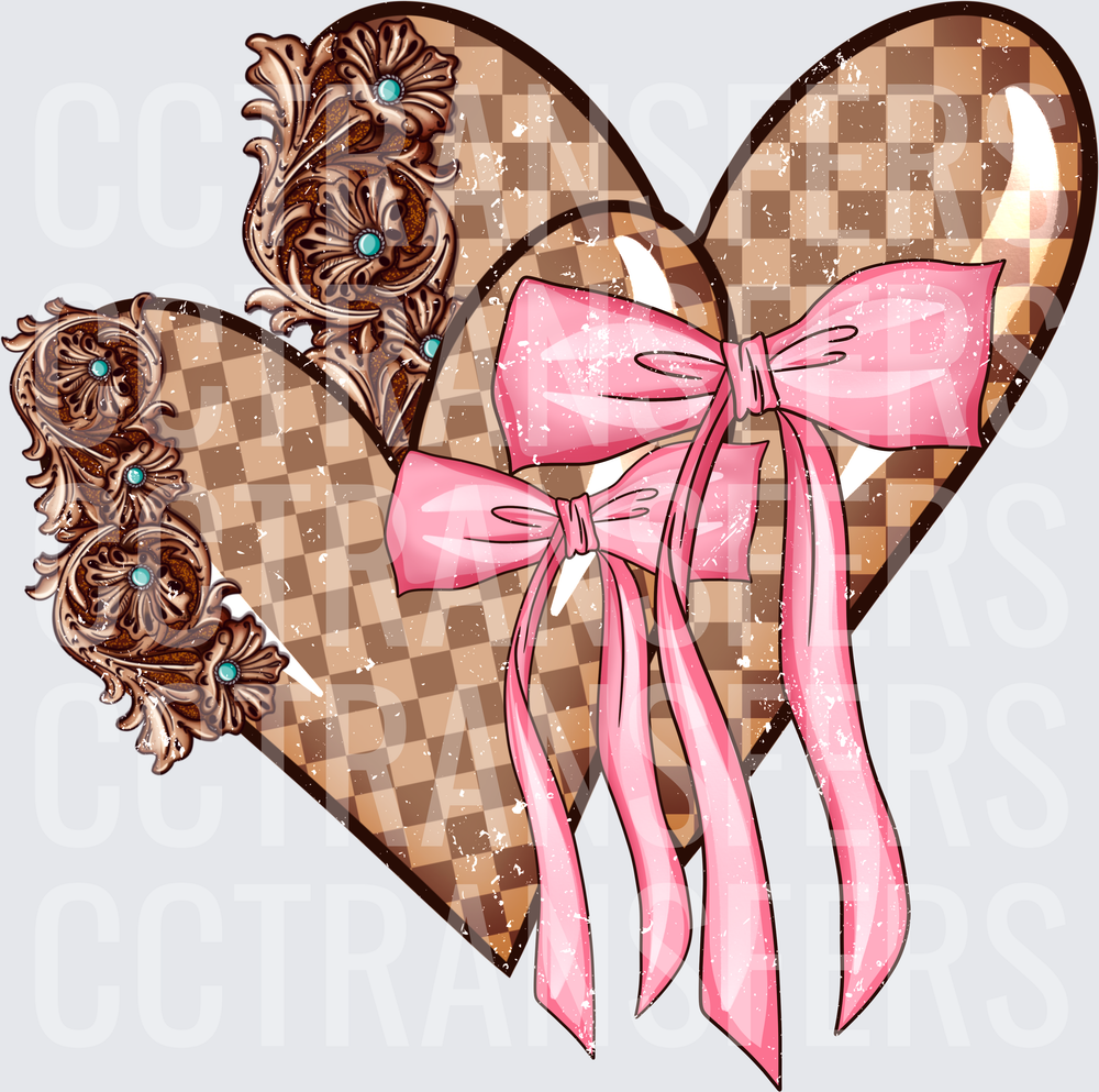 Western Tooled Leather Checkered Hearts Pink Bow (DTF)