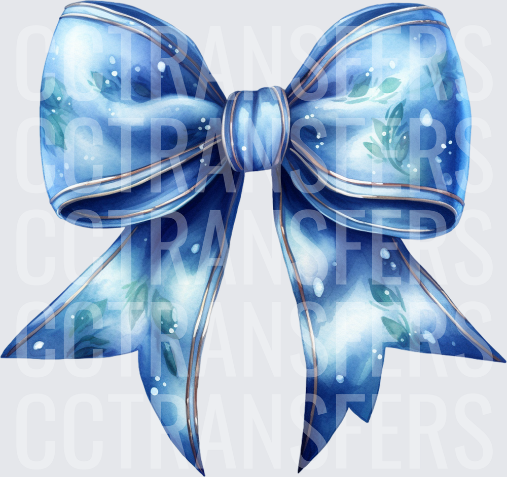 Watercolor Blue Satin Bow with Floral Leaf Details (DTF)