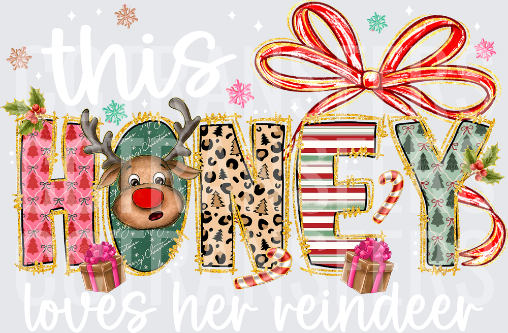 Christmas Honey Letters Reindeer Leopard Print Holiday (DTF)