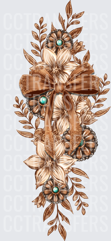 Boho Brown Floral Bouquet Turquoise Gems Ribbon Bow (DTF)