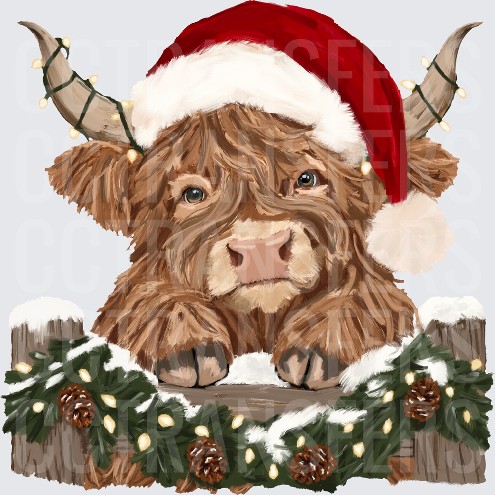 Fluffy Highland Cow Santa Hat Christmas Fence Garland (DTF)