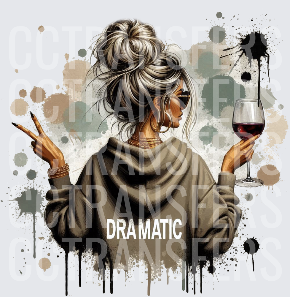 Dramatic Woman Messy Bun Wine Peace Sign Grunge (DTF)