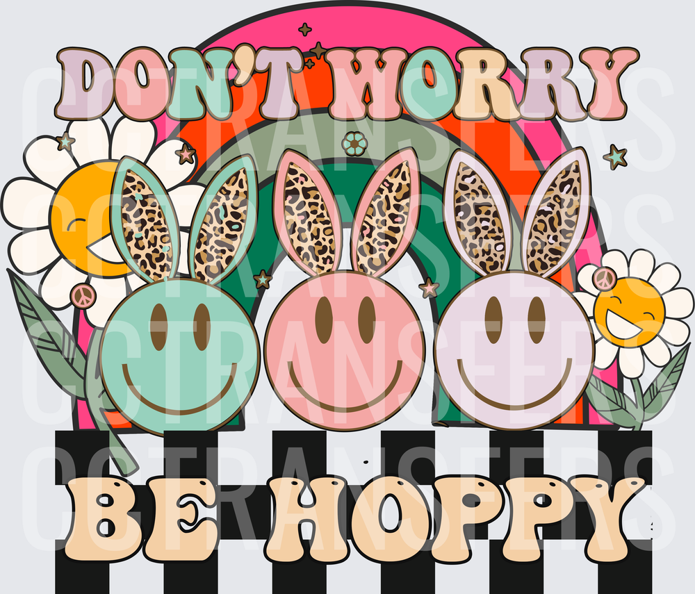 Don't Worry Be Hoppy Retro Easter Smiley Faces Rainbow (DTF)