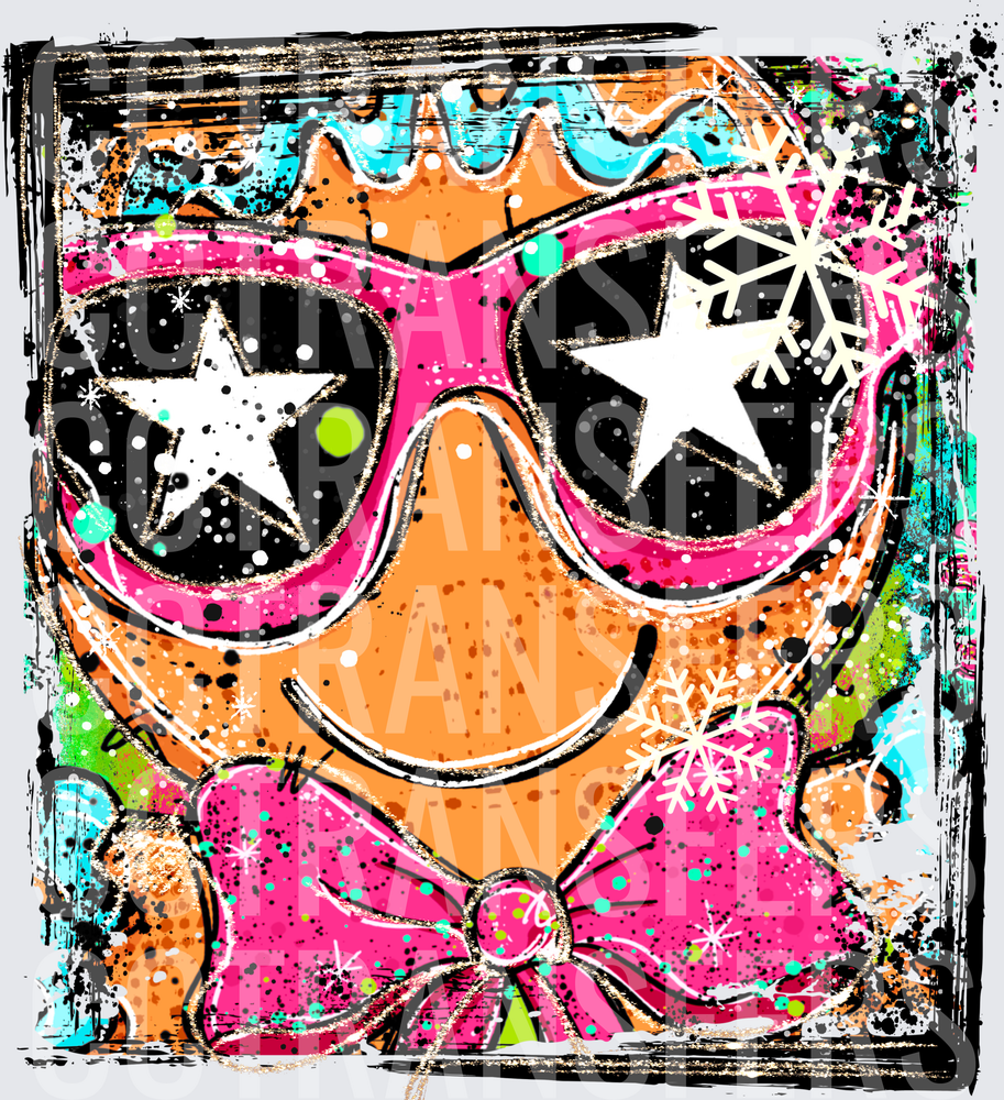 Grunge Gingerbread Face Star Sunglasses Snowflakes Bow (DTF)