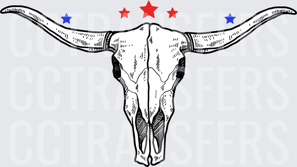 Western Longhorn Skull Red Blue Stars Sketch (DTF)