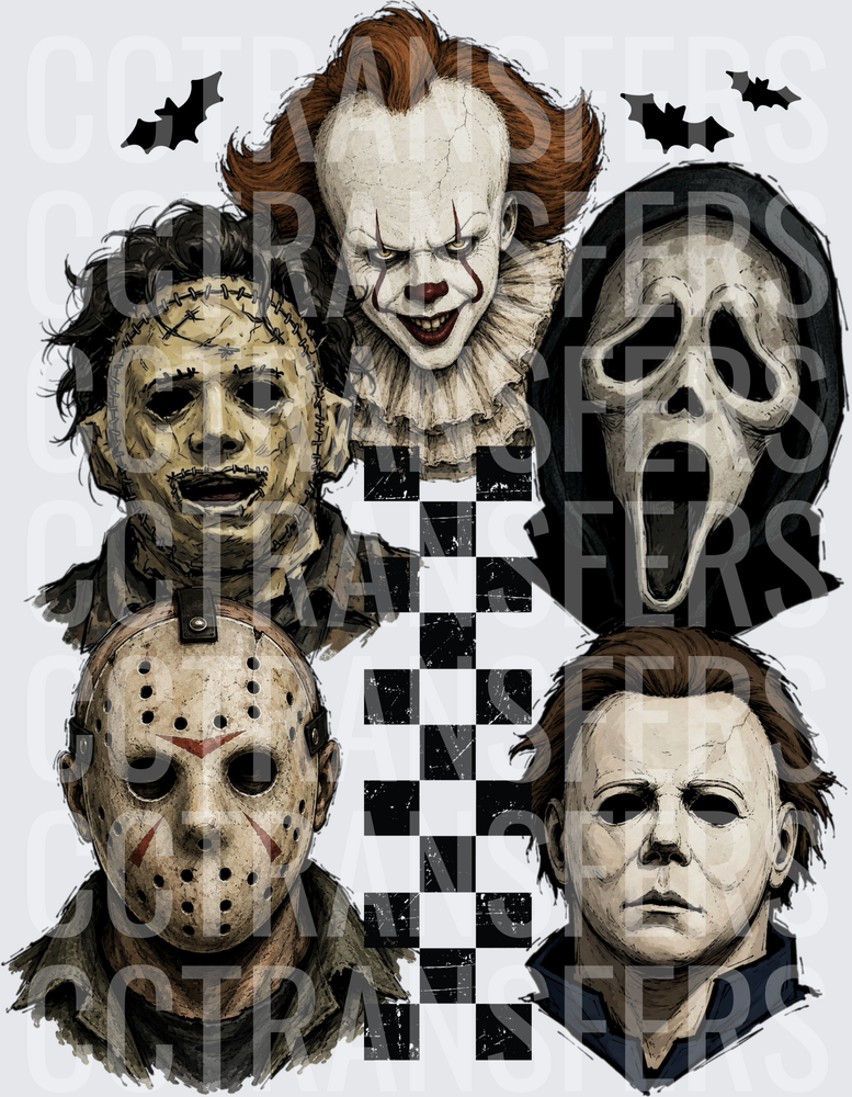 Classic Horror Villain Masks Collage with Bats (DTF)