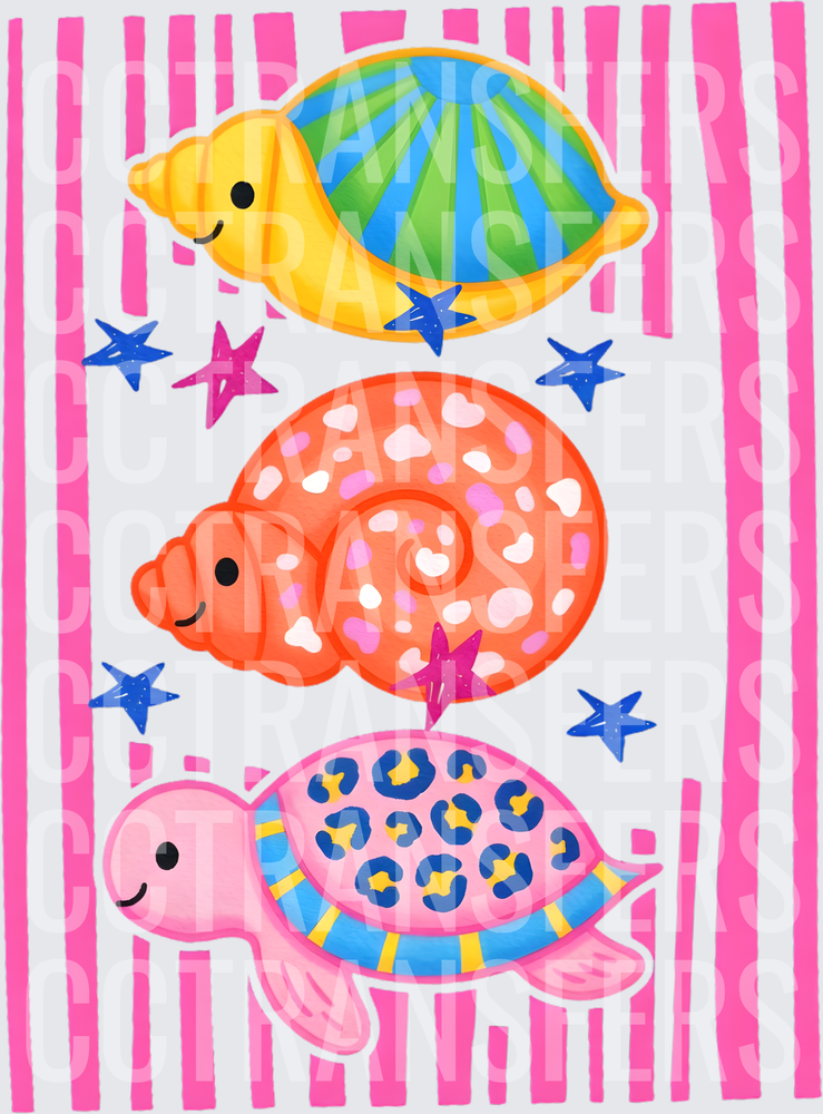 Cute Kawaii Turtle Snail Sea Creatures Pink Stripes Stars (DTF)