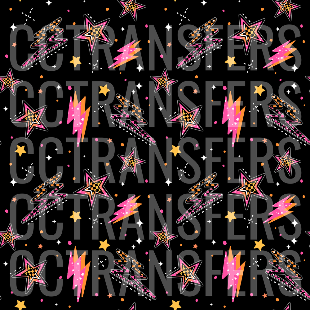 Retro Pink Orange Checkered Stars Lightning Bolts Pattern (DTF)