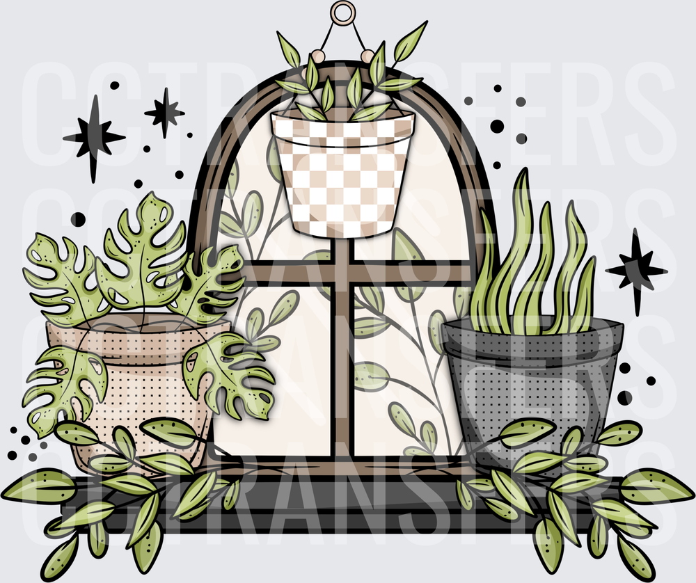 Boho Arched Window Shelf with Potted Plants and Stars (DTF)