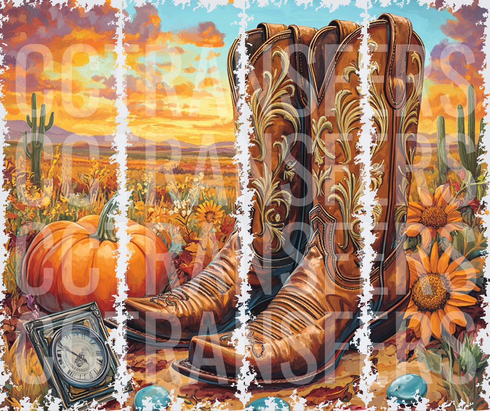 Western Cowboy Boots Fall Pumpkins Sunflowers Desert (DTF)
