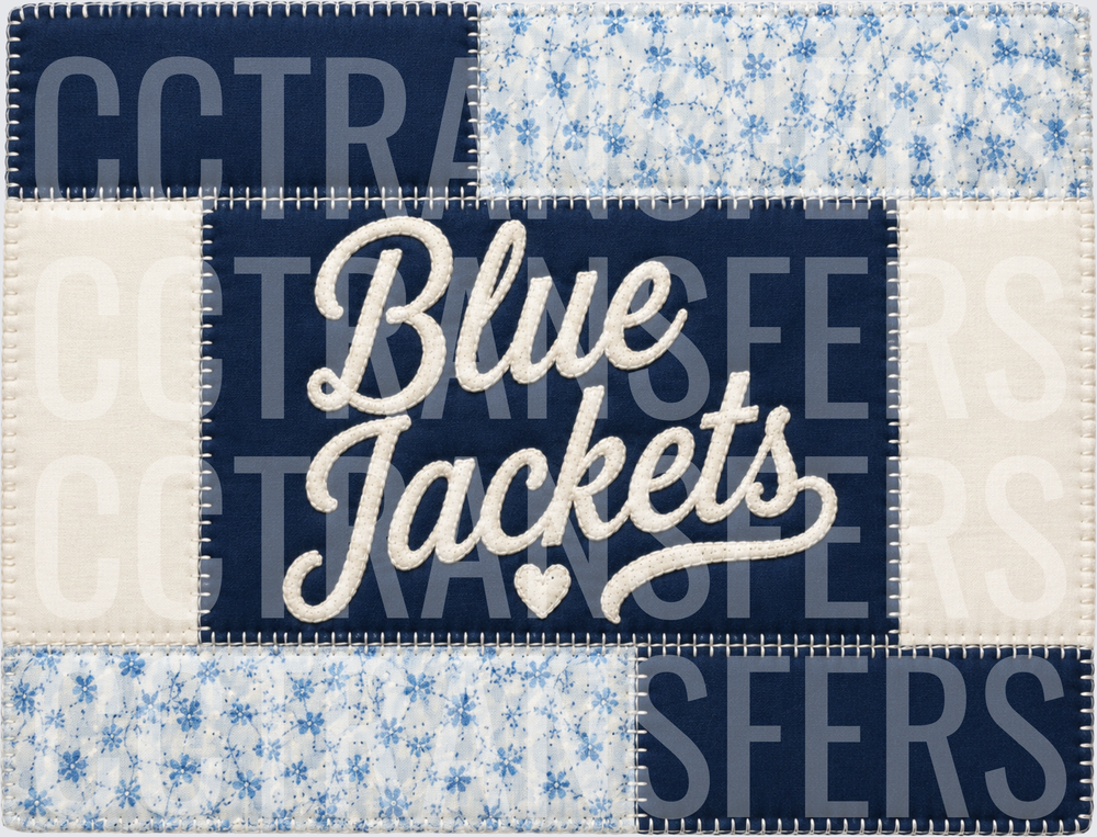 Patchwork Quilt Blue Jackets Script Heart Design (DTF)